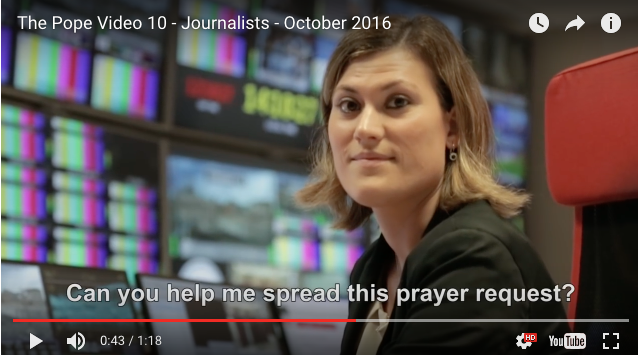 Screen shot from Pope Francis' inspiration prayer intention for Oct., 2016, on journalists. 